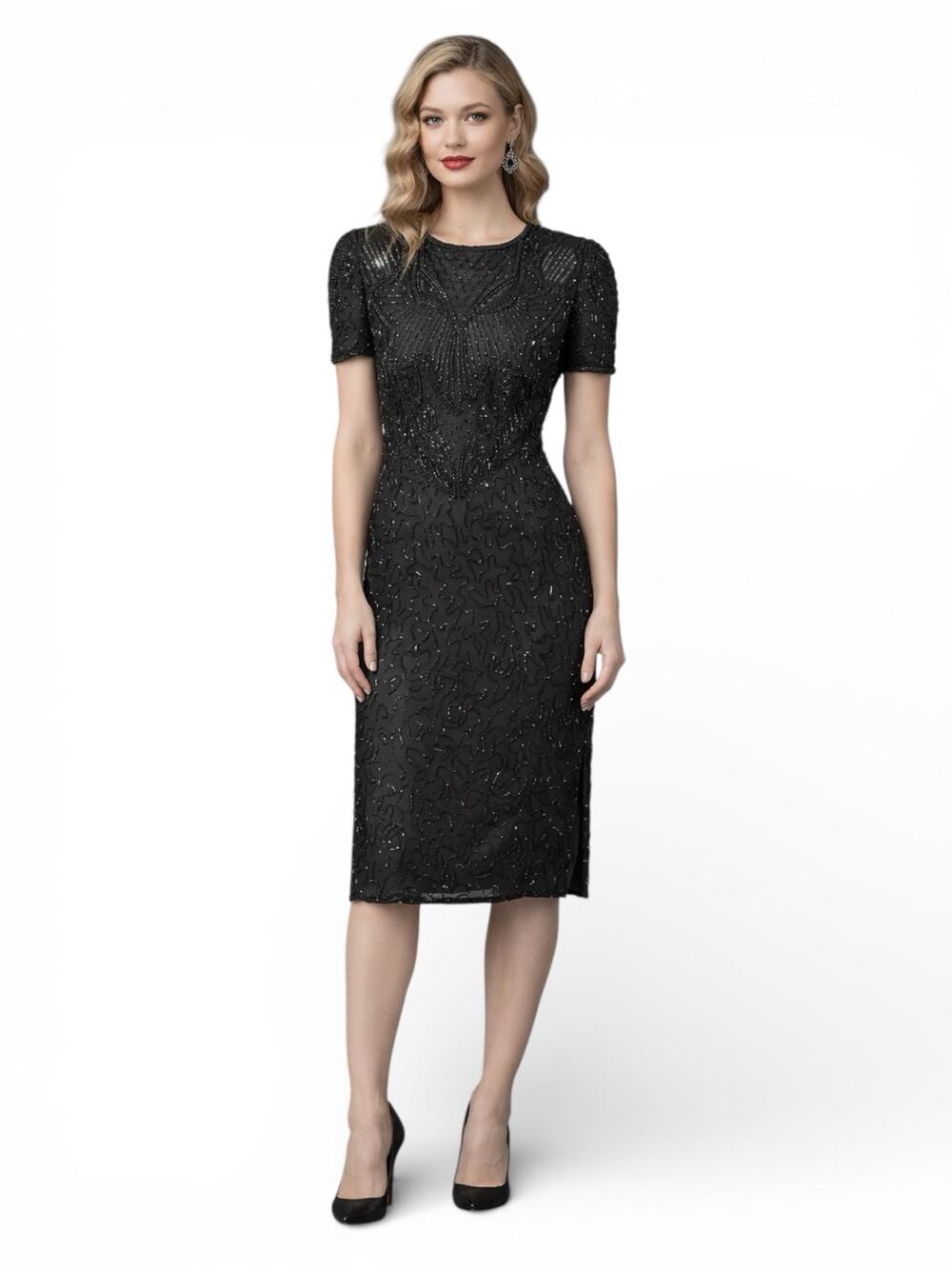 1980s–1990s AP Ltd Black Silk Beaded Sequin Cocktail Dress Size 6